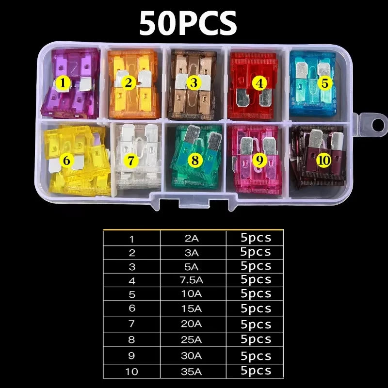 100 Pcs Car Fuses Small Mini Auto Blade Fuses 2A 3A 5A 7.5A 10A 15A 20A 25A 30A 35A AMP Assortment In Storage Box