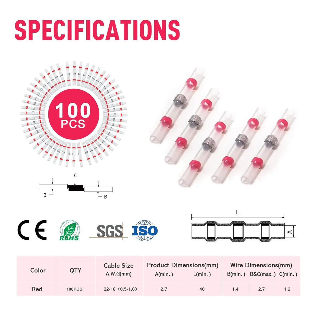 100PCS Heat Shrinkable Wire Connectors SST Waterproof Sleeve