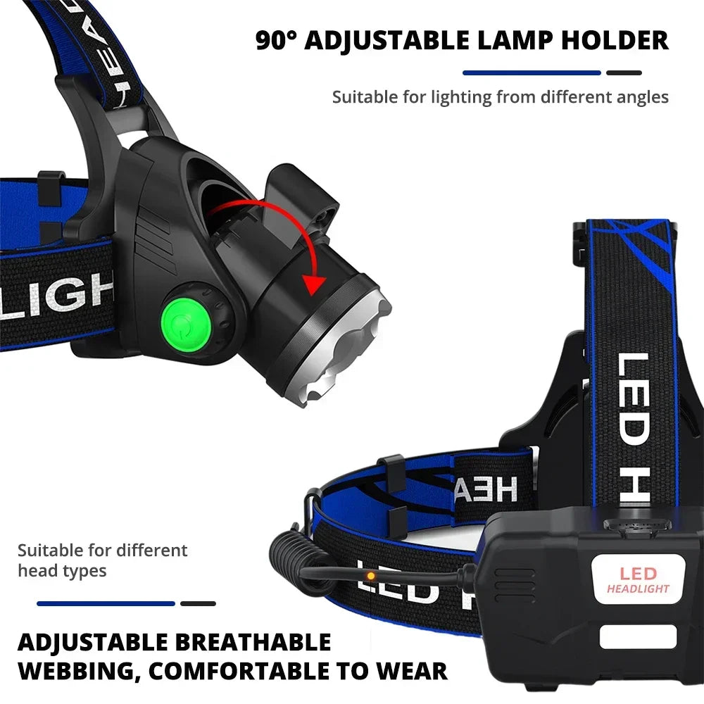 High Power LED Headlamp Fishing Headlight 3 Modes Zoomable W
