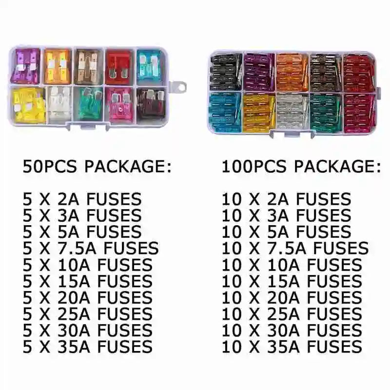 50/100Pcs Car Fuses Kit Assorted Auto Truck Standard Blade F