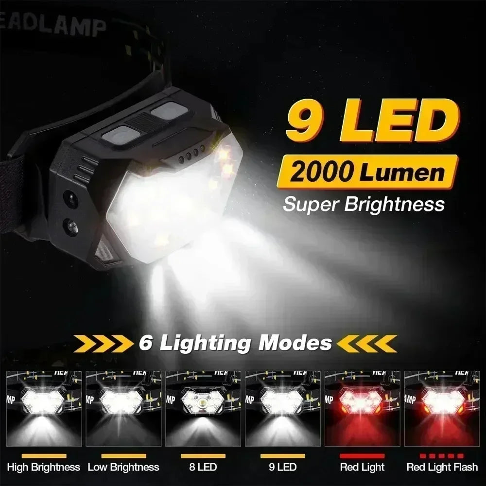 New 2000LM Ultra Bright 9 LED Headlamp USB Rechargeable Head