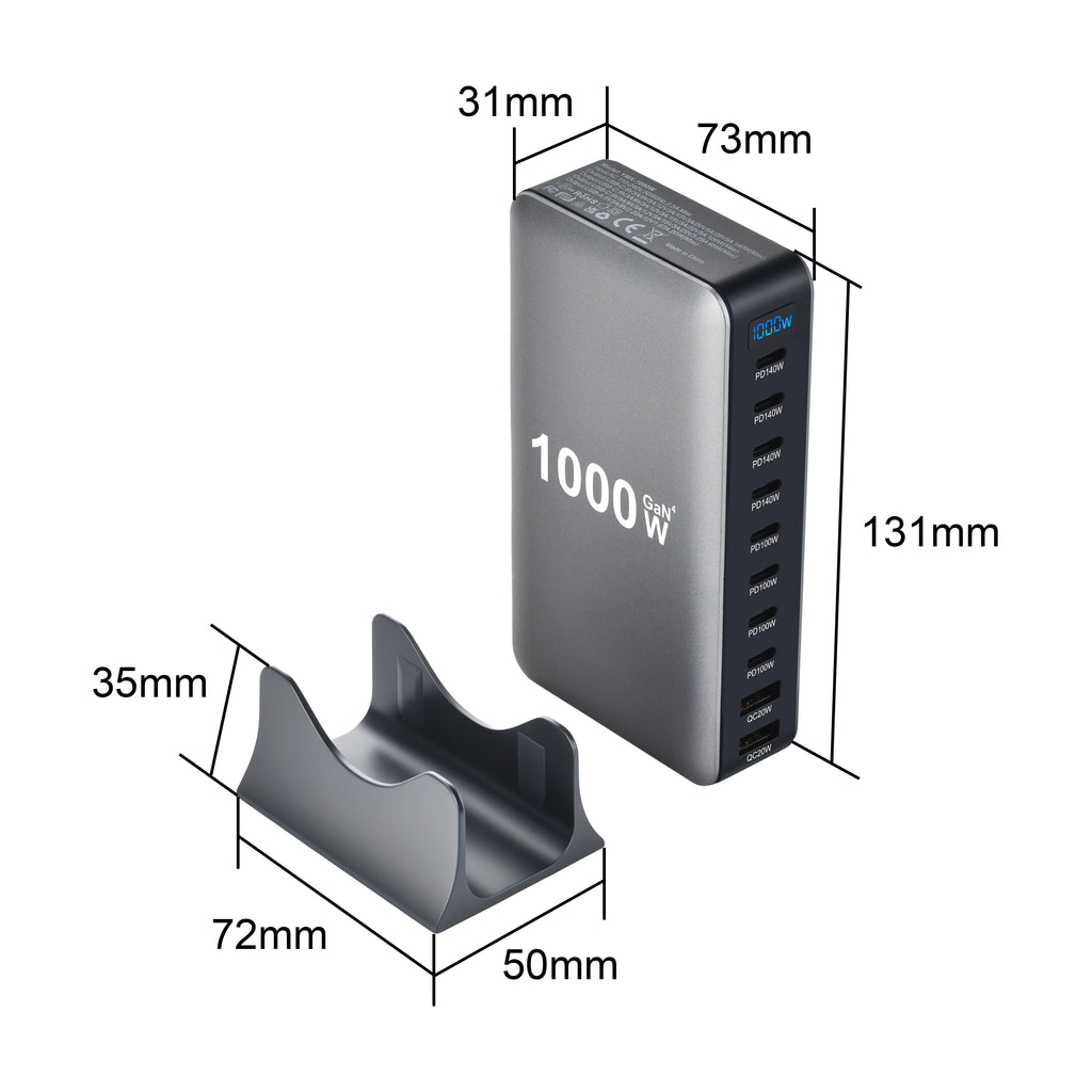 2026 New 1000W GaN Fast Charger PD3.1 USB Type C 10-Port Des