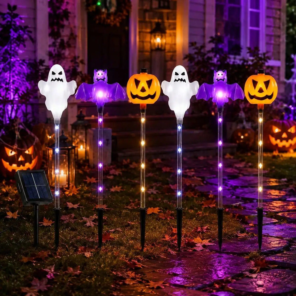 1 Set 6pcs Halloween Solar Pumpkin Ghost Bat Stake Lights Ou