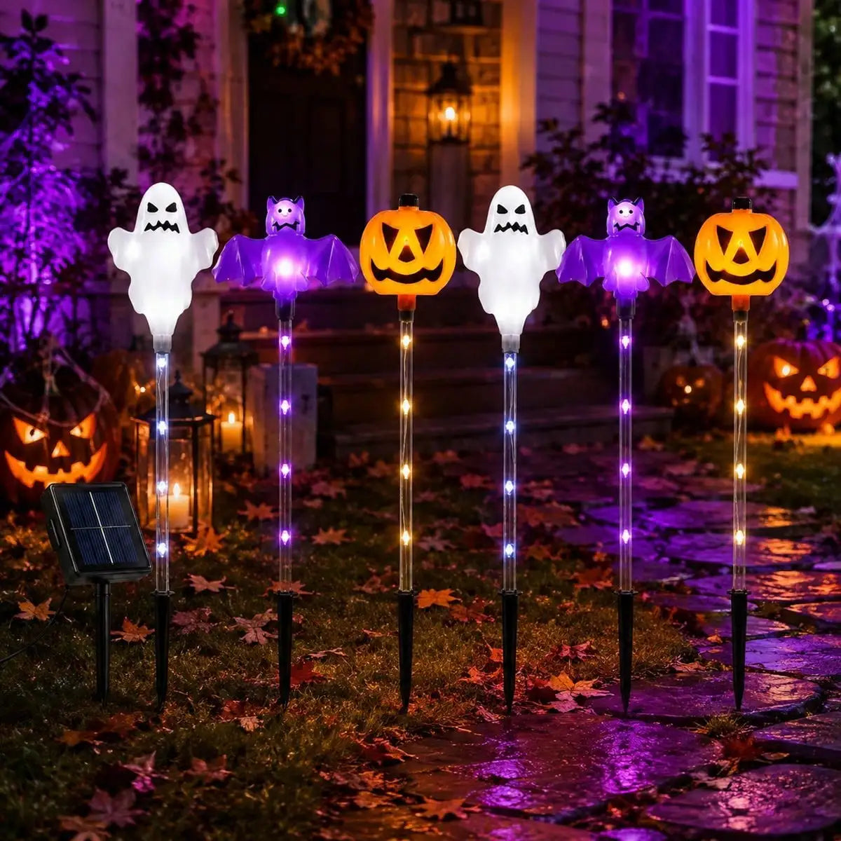 1 Set 6pcs Halloween Solar Pumpkin Ghost Bat Stake Lights Ou