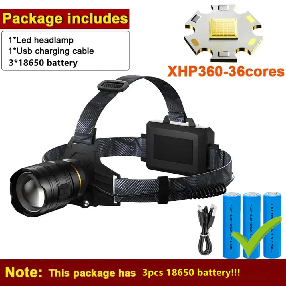 Super Bright XHP360 LED Headlamp USB Rechargeable Powerful Headlight Zoom Head Flashlight Waterproof Lamp For Camping Fishing