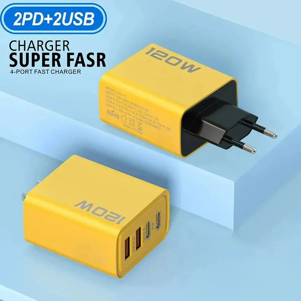 120W Fast Charging USB Charger 4 Port USB Type C Mobile Phon