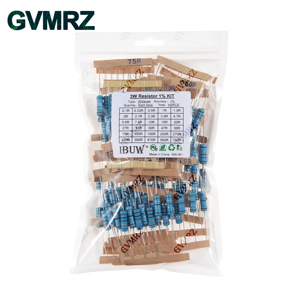 1/4W 1/2W 1W 2W 3W Resistance Set 1% Metal Film Resistor Assortment Kit 1K 820K 0.1R 750R 10K