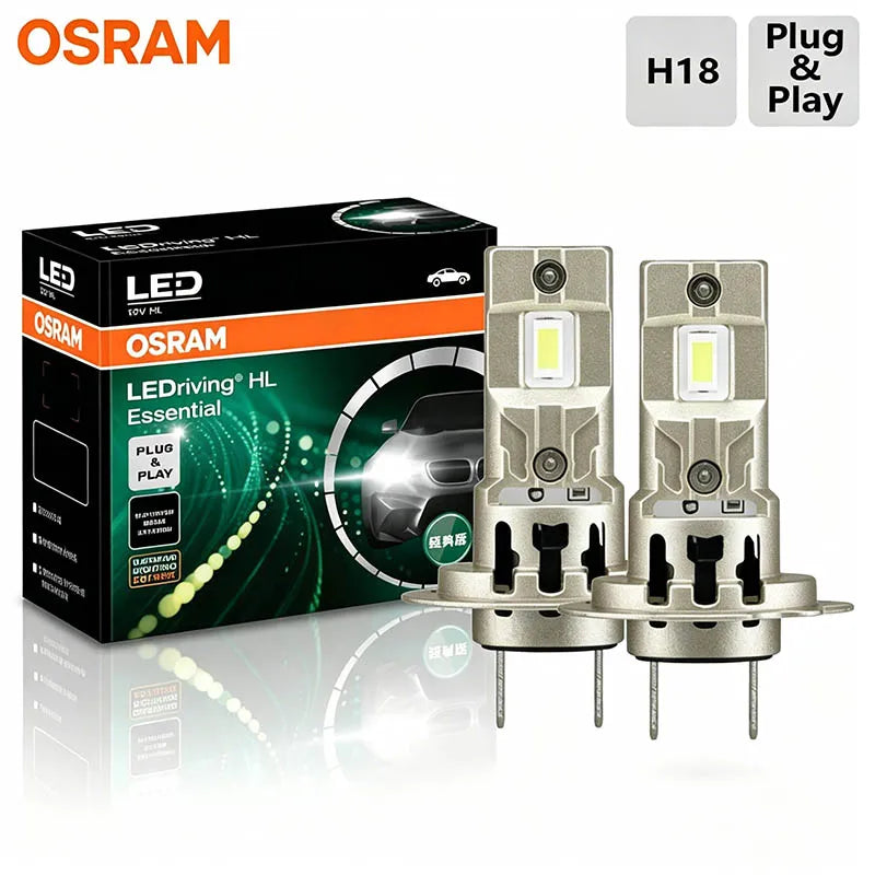 OSRAM LED Essential H7 H18 Replacement Headlight Bulbs PX26d Base 12V 70W 5000LM 6000K Cool White High Low Beam Auto Lamps Pair