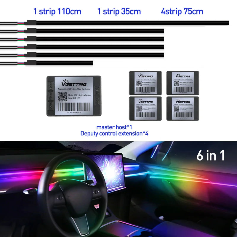 Full Color Streamer Car Ambient Lights RGB 64 Color Universal LED Interior Hidden Acrylic Strip Symphony Atmosphere Lamp