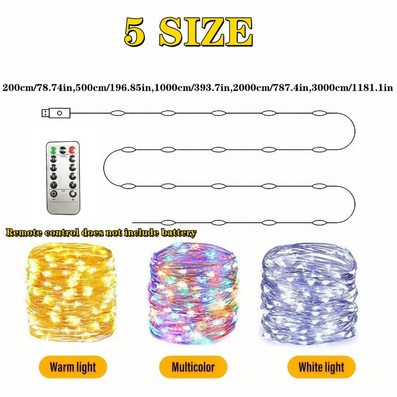 5M/10M/20M/30M USB Led String Light 8Mode Remote Control Lig