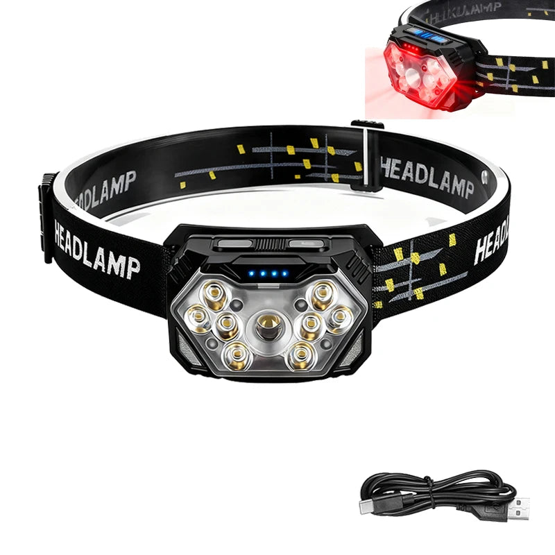 New 2000LM Ultra Bright 9 LED Headlamp USB C Rechargeable Headlight 10 Modes Waterproof Motion Sensor Head Lamp Work Flashlight