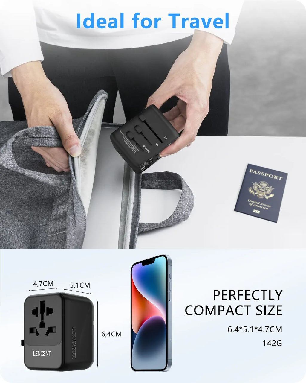 LENCENT Universal Travel Adapter with 3 USB Ports 1Type-C PD
