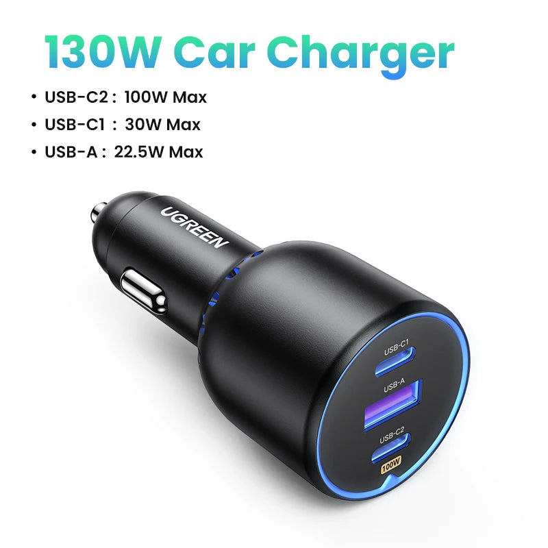 UGREEN 130W USB C Car Charger For Xiaomi iPhone 18 Samsung Galaxy S25 Laptops Tabet PD3.0 Fast Charging USB Type C Car Charger