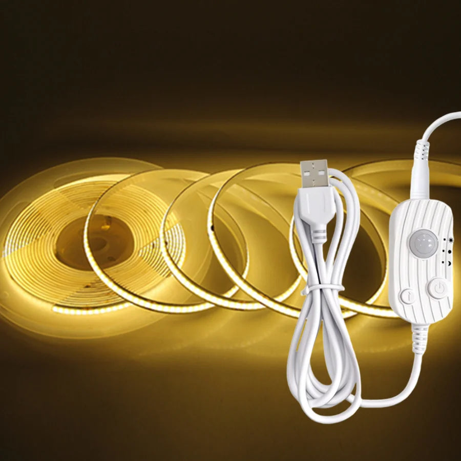 USB Motion Sensor 8mm COB LED Strip DC5V 3 Modes Dimmable Induction Night Light for Bedroom TV Backlight Kitchen Cupboard Decor