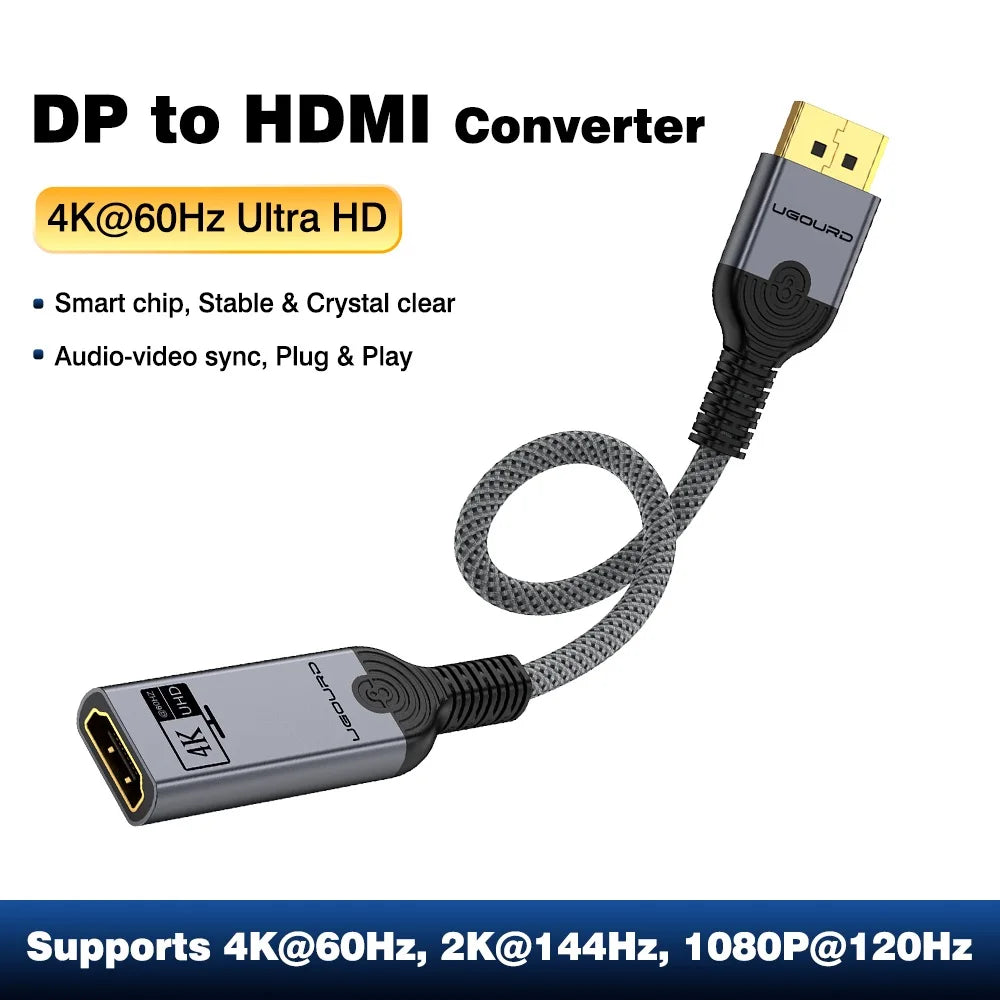 UGOURD New 4K 60Hz DP to HDMI Adapter Cable DisplayPort 1.2 to HDMI 2.0 Converter 4K30Hz Audio Video Sync 2K144Hz Unidirectional