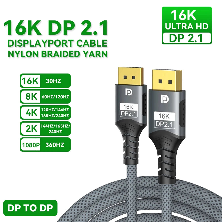 16K DP 2.1 8K 120Hz 4K 240Hz 80Gbps HDR Video Audio Displayport Cable Display Port for Laptop TV Xbox Projector Gaming Monitor