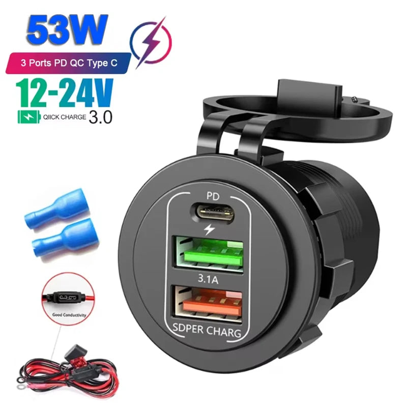 New Car USB Charger PD3.0 & QC3.0 Fast Charging Socket with Voltmeter On/Off Switch 12/24V For Motorcycle Boat Auto Accessories
