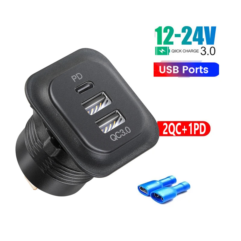 12v car usb charger fast charge Outlet Socket With Voltmeter Quick Charge Adapter for 12v 24v Truck Motorcycle RV Marine