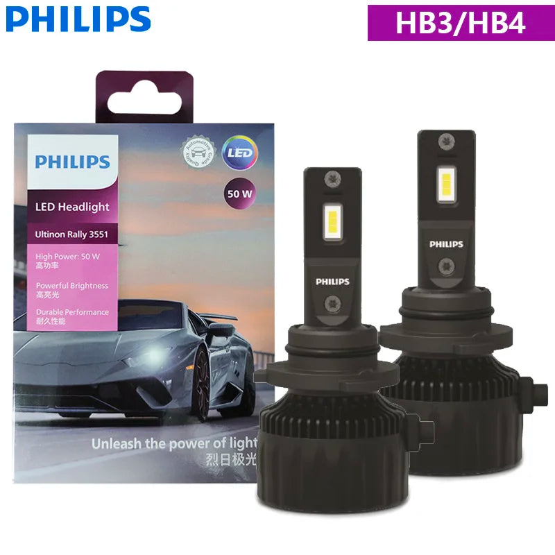 Philips Ultinon Rally 3551 LED H4 H7 H11 HB3 HB4 HIR2 Max Power 50W 4500LM Car Headlight 6500K White Max Lumen Watt LED Bulbs 2X