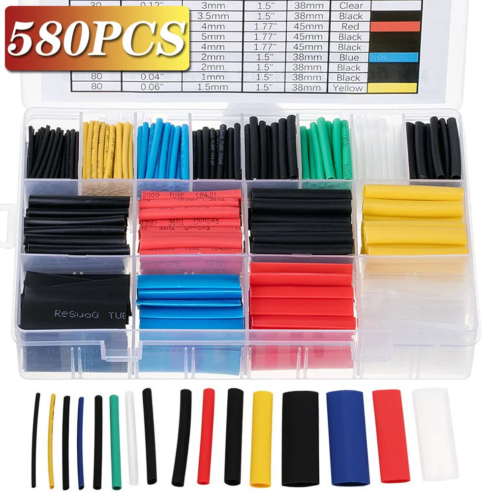 328/127/580PCS Heat Shrink Tubing Kit 2 1 Shrinkable Wire Shrinking Wrap Tubing Wire Connect Cover Protection with Hot Air Gun