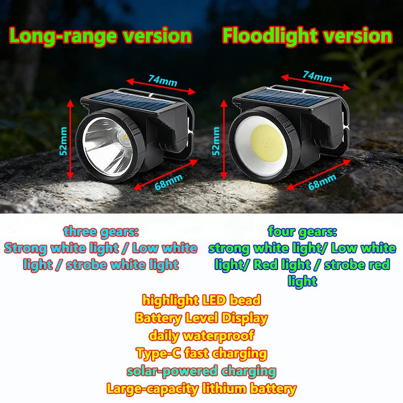 Solar + USB Rechargeable LED high brightness Headlamp Long-R