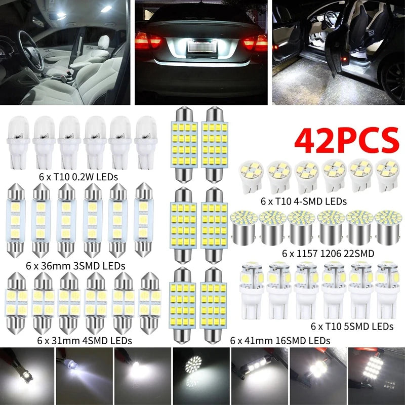 42Pcs LED Car Interior Lights T10 6000K SMD LED Replacement 