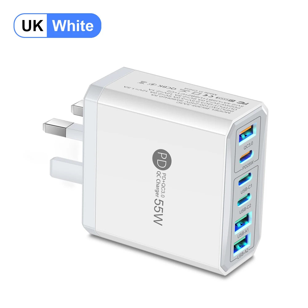 55W 3 USB 3 PD Charger Fast Charging QC3.0 Travel Charger For iPhone 15 14 Samsung Xiaomi Mobile Phone Adapter EU KR US UK Plug