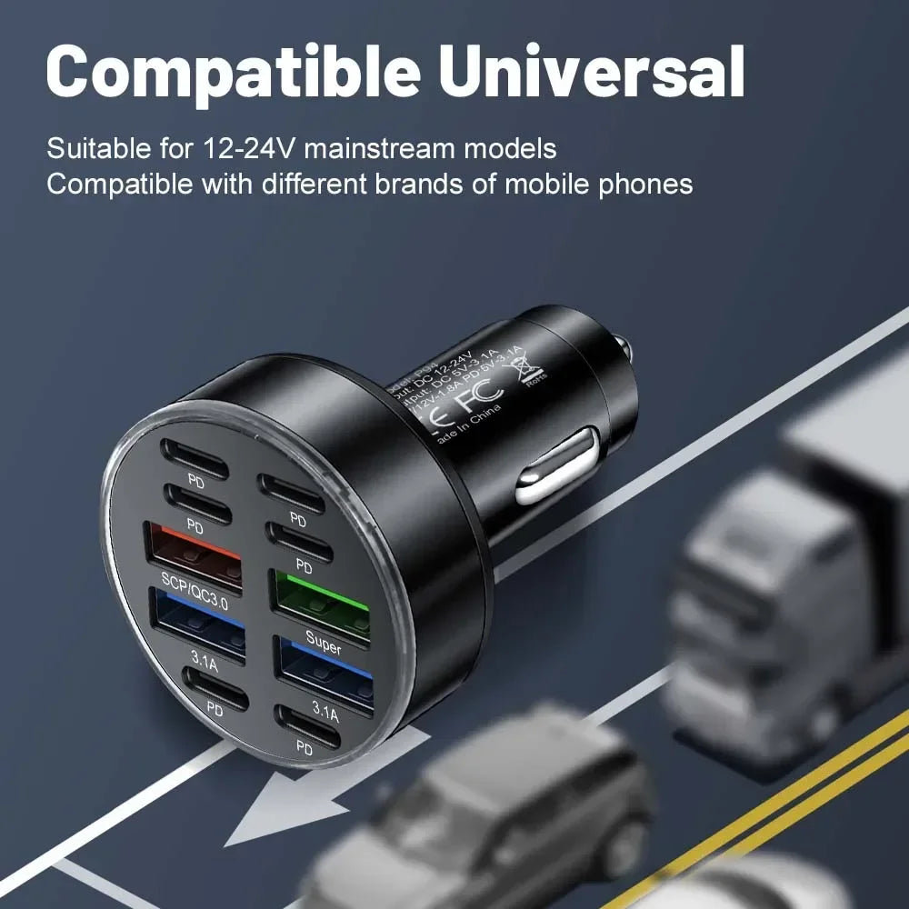 350W 10 Ports Car Charger Fast Charging PD QC3.0 USB C Car P