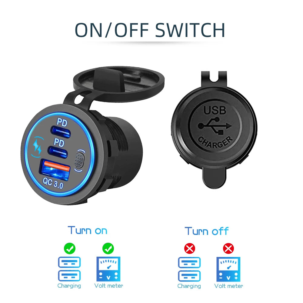 3 Ports Quick Charge Dual PD & QC 3.0 112W Aperture Car Char
