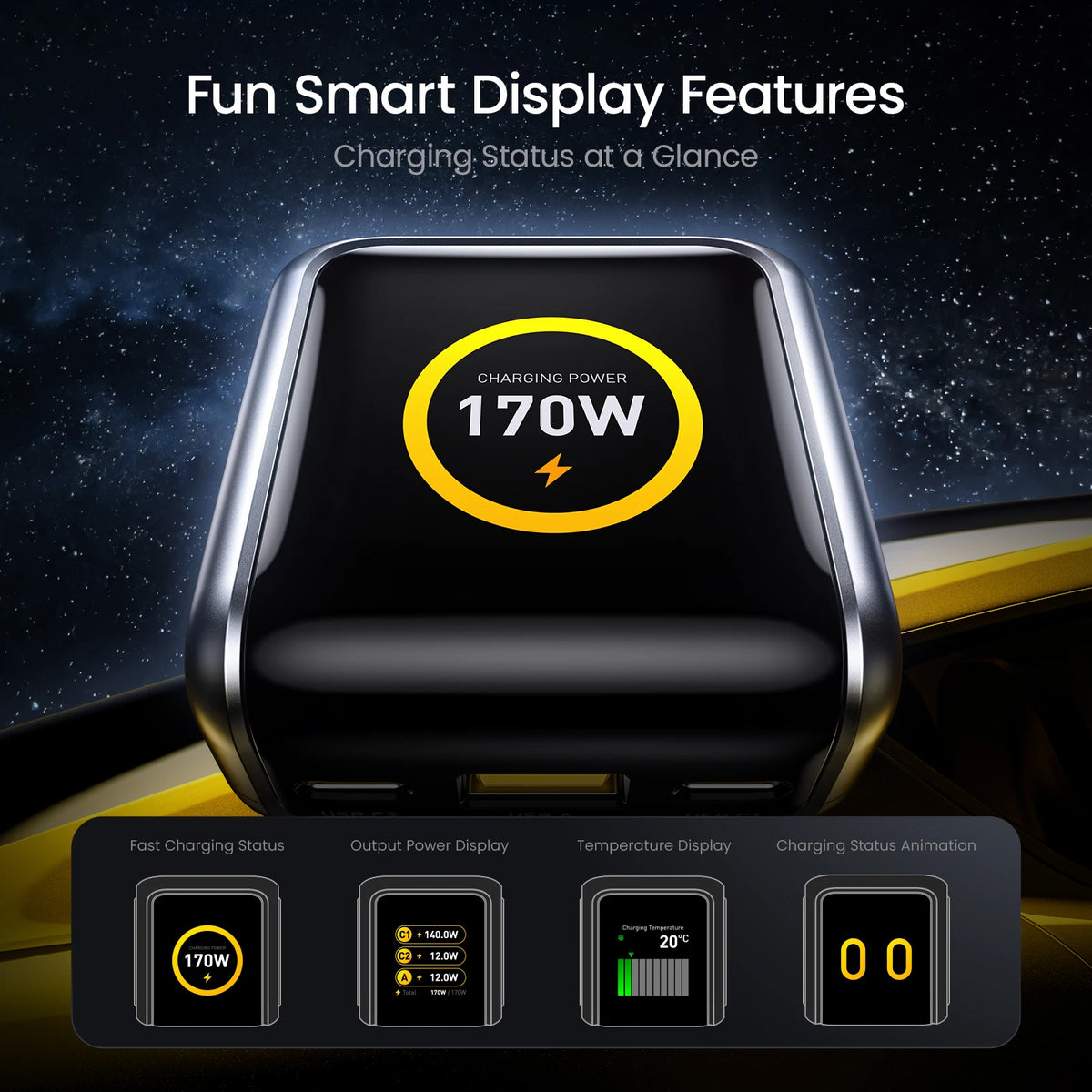 AOHI THE FUTURE Car Charger AI PD GAN+ 170W 3-Port LED Displ