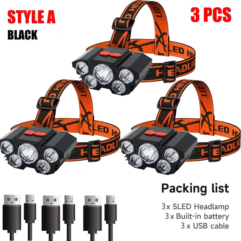5 LED Flashlight Rechargeable with Built in Lithium Battery Strong Head Light Camping Adventure Fishing Cycling Headlamp