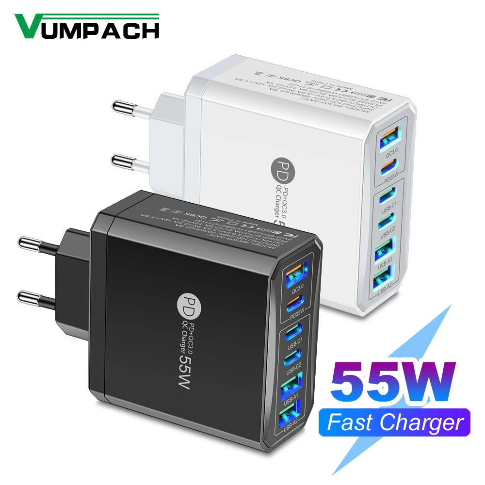 55W 3 USB 3 PD Charger Fast Charging QC3.0 Travel Charger Fo