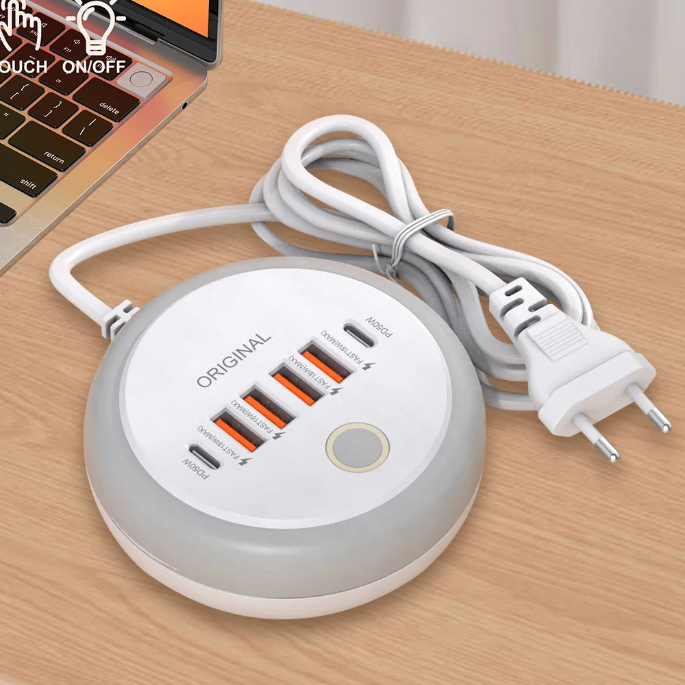 50W PD Charger 6 Ports Type-C Fast Charging Power Strip Wall Adapter With Touch LED Light For iPhone Xiaomi Huawei USB Socket
