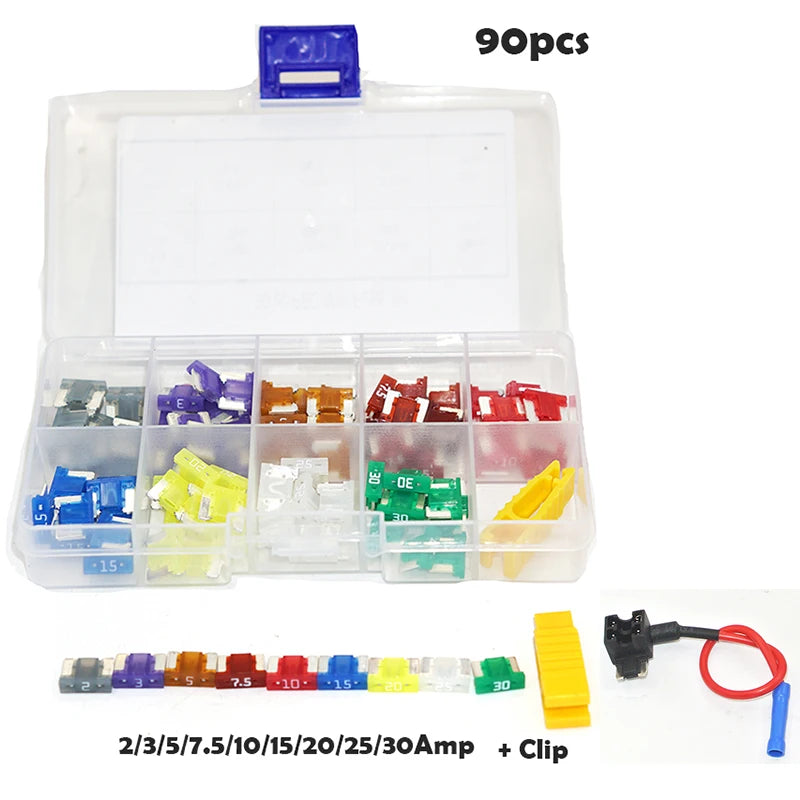 90/50pcs Fuses Micro Short Low Profile Mini Blade Fuse Assortment 3A 5A 7.5A 10A 15A 20A for Car Boat Truck SUV Automotive