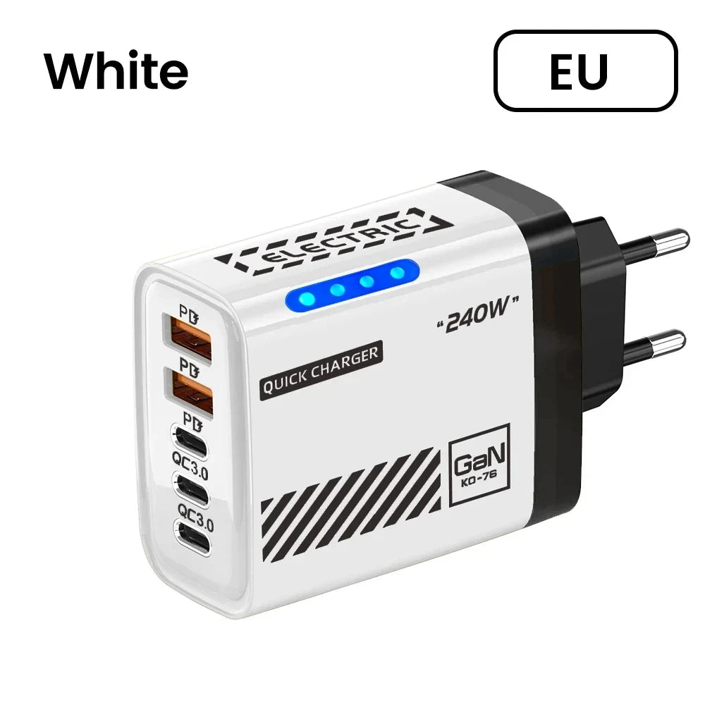 240W QC3.0 PD 5 Ports GaN Fast Charger US/EU Plug Phone Charging Head Adapter with LED Light for iPhone Samsung Huawei Xiaomi