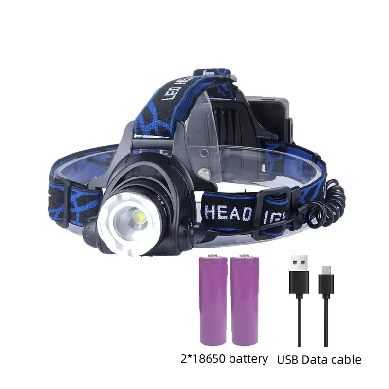 High Power LED Headlamp Fishing Headlight 3 Modes Zoomable Waterproof Super Bright Camping Light Powered by 2x18650 Batteries