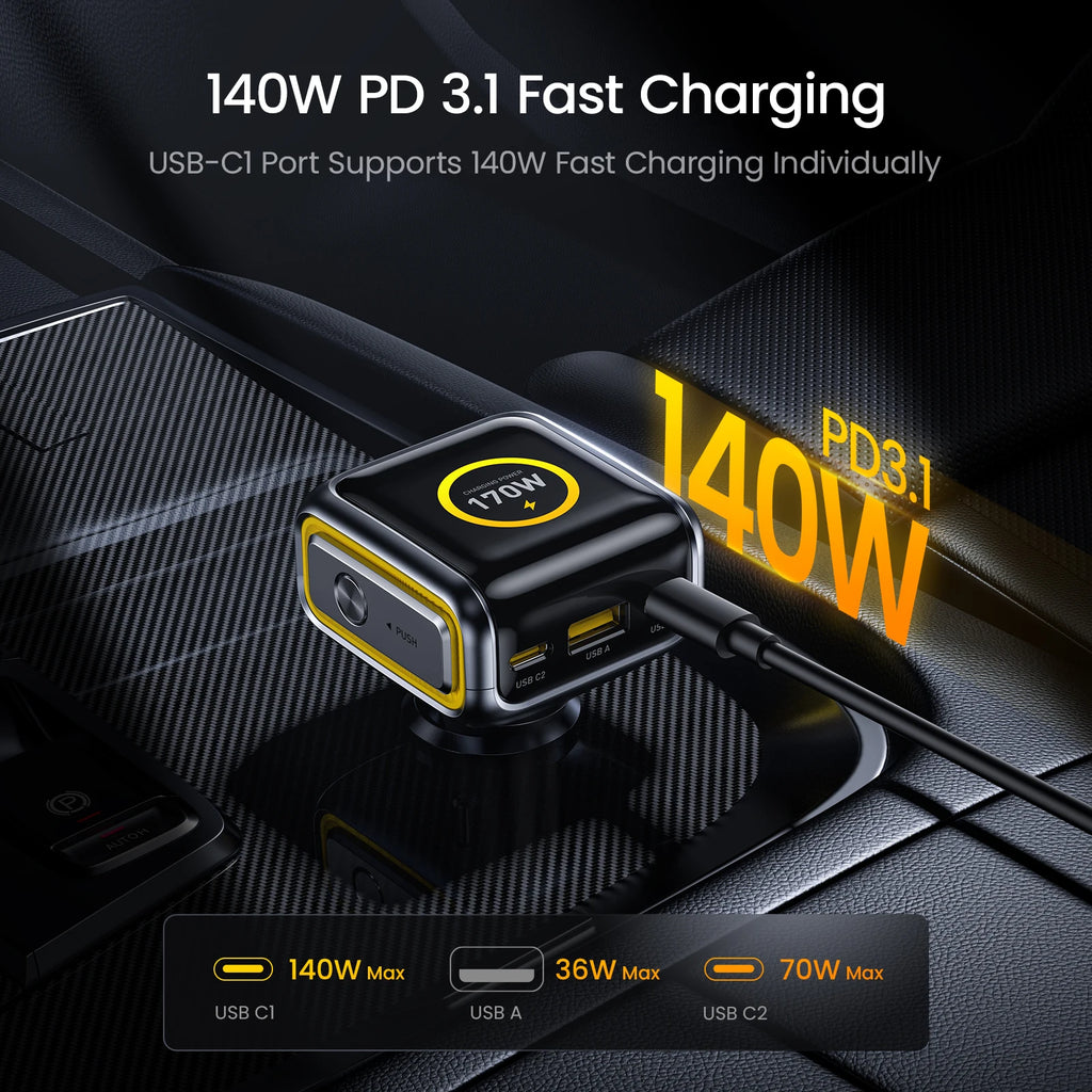 AOHI THE FUTURE Car Charger AI PD GAN+ 170W 3-Port LED Displ