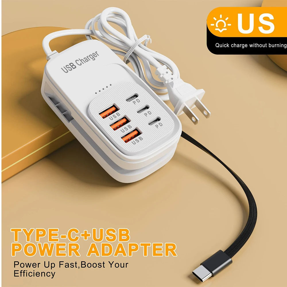 6 in 1 Multi Port USB Charging Station 3PD 3USB Desktop Power Strip Fast Charging Adapter EU UK US Plug Travel Charging Socket