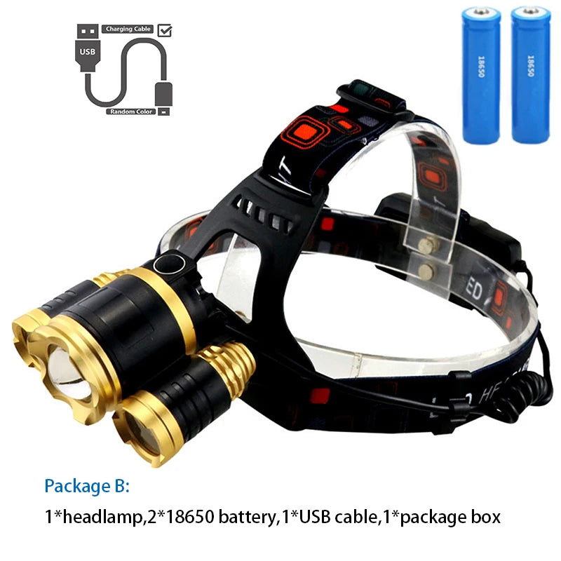 Powerful 3-head LED Headlamp White/UV Light Scorpion Head Lamp USB Rechargeable Strong Light Zoom Headlight Waterproof Outdoor