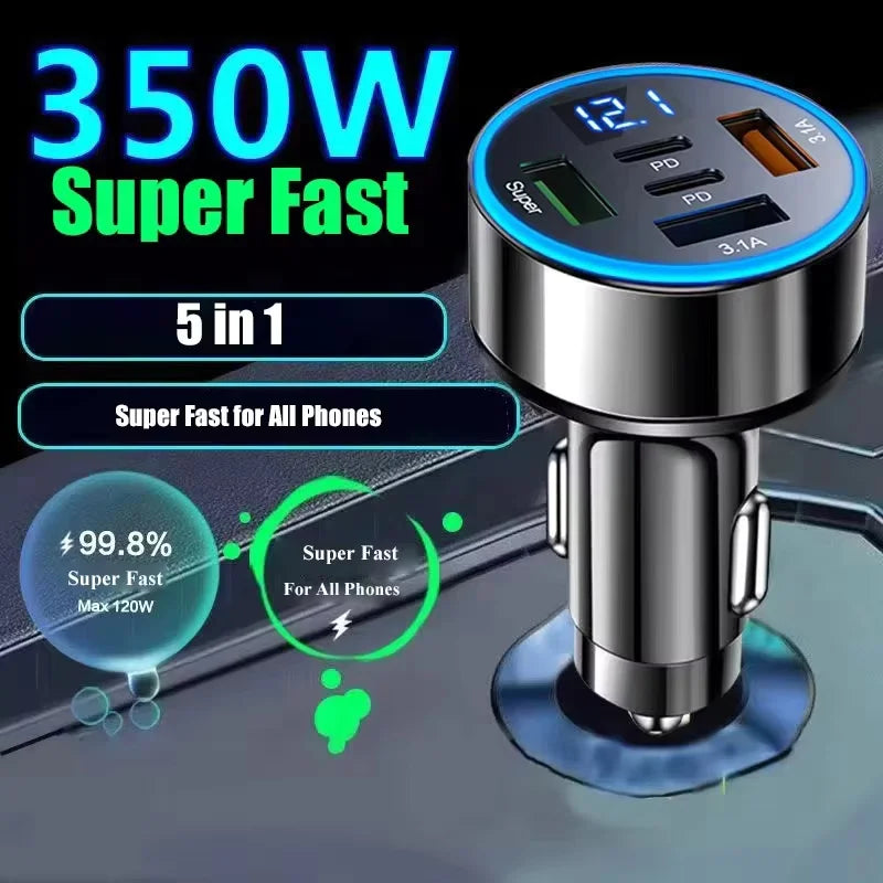 250W 5-in-1 PD QC3.0 Car Charger Fast Charging USB C for IPh