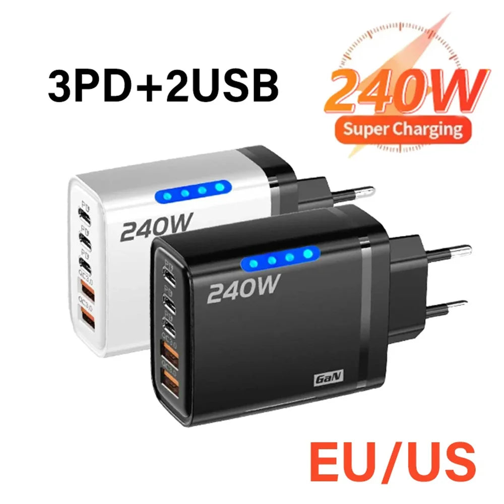 240W GaN 5 in 1 Fast Charging Phone Charger USB C Charger Po