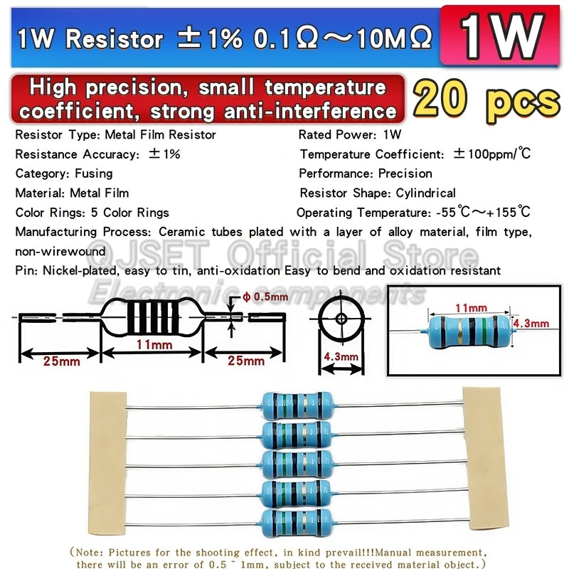 20pcs 1W Metal Film Resistors 1% 10 Ohm 47 100 200 220 470 5