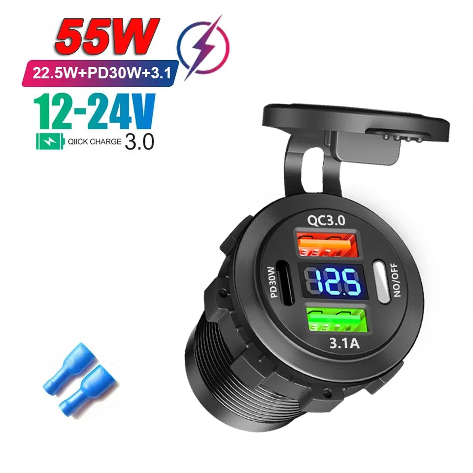 Car Charger PD+QC3.0 USB TYPE-C Charger Waterproof Power Socket Power Adapter Universal 12-24V for Motorcycle Truck ATV Boat
