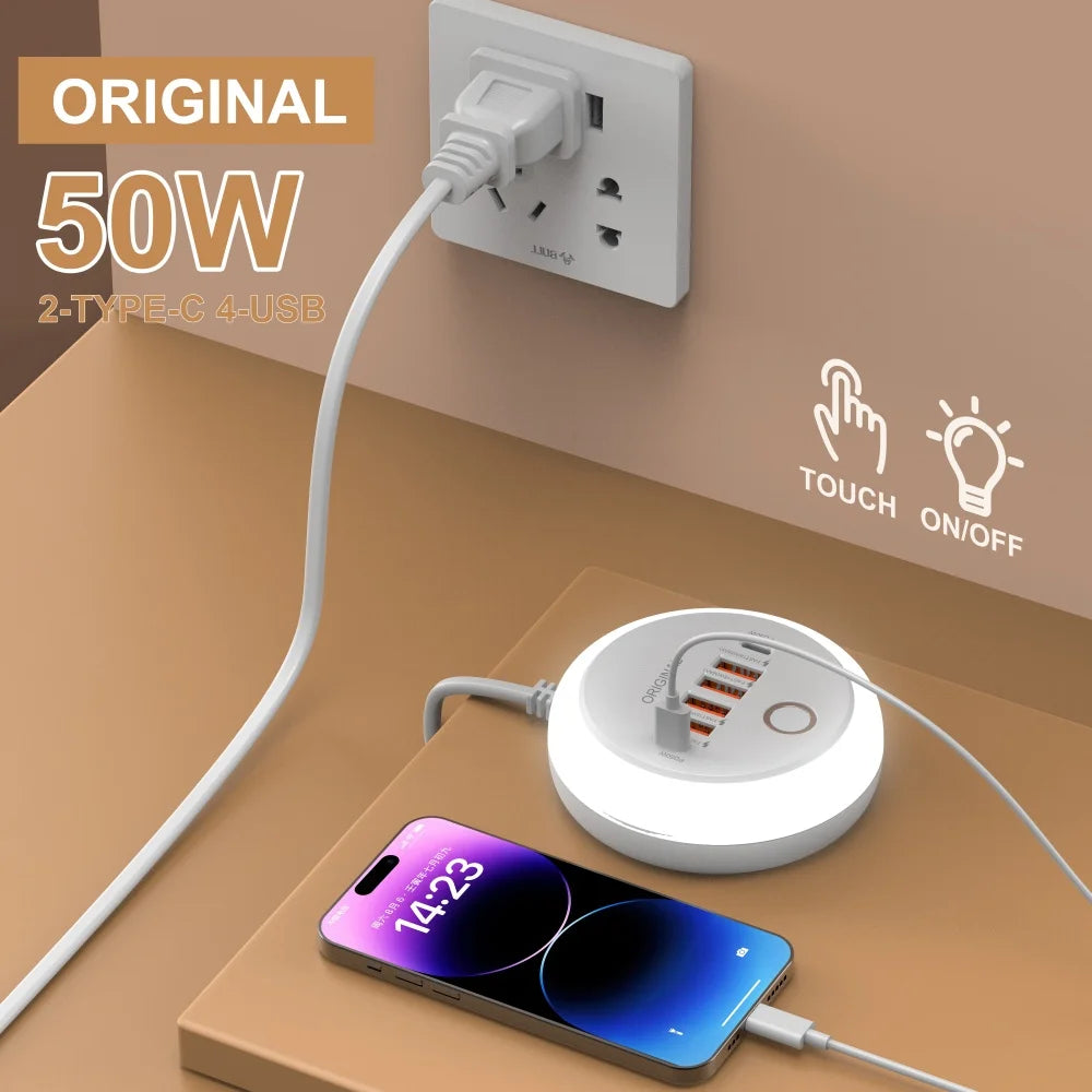 50W PD Charger 6 Ports Type-C Fast Charging Power Strip Wall