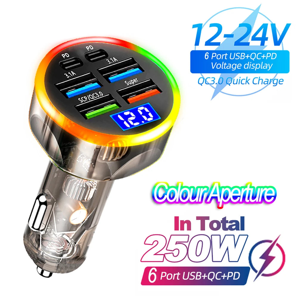 250W Fast Car Charger 6 Ports Quick Charge PD Type C USB A Adapter Transparent Case for iPhone 15 16 Pro Samsung S24 Xiaomi Poco