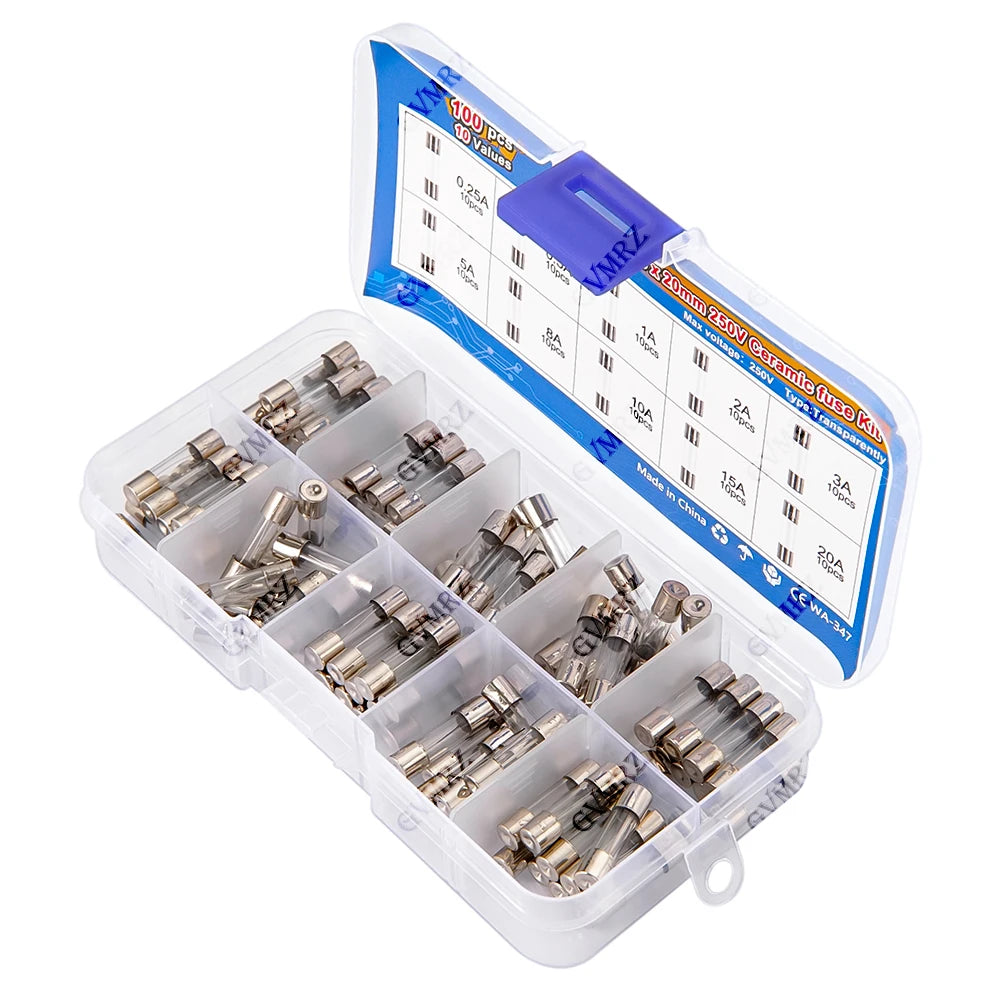 100pcs 5x20mm Quick Blow Glass Tube Fuse Assorted Kit Amp 0.