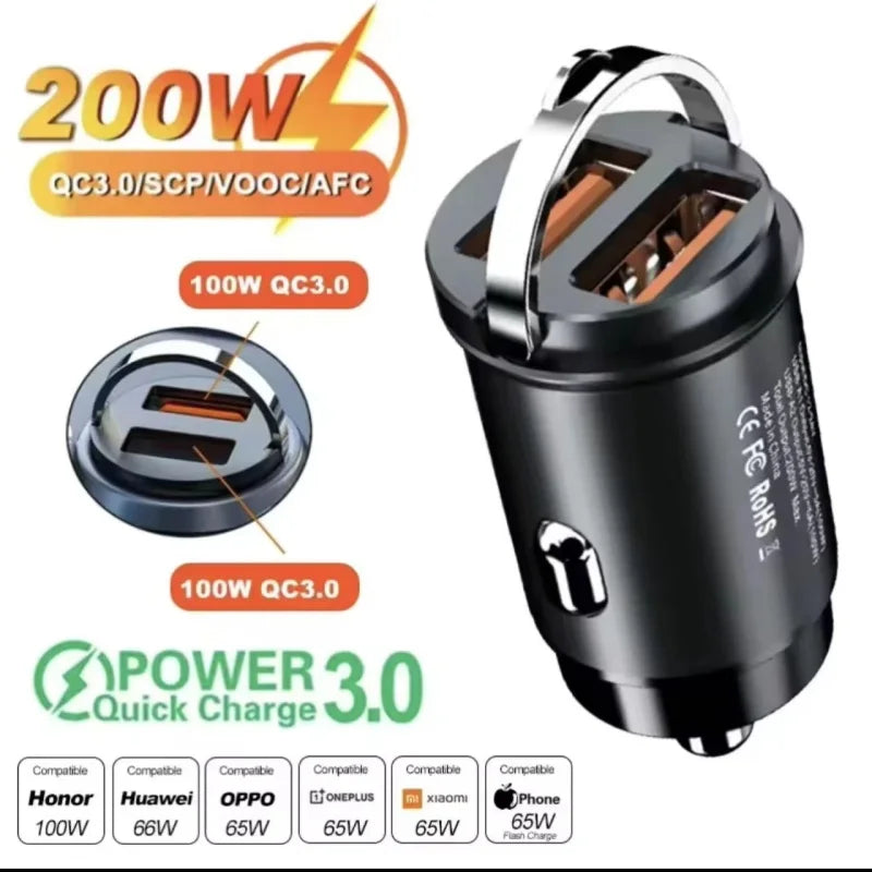 2025 200W mini car charger fast charging for iPhone QC3.0 mi