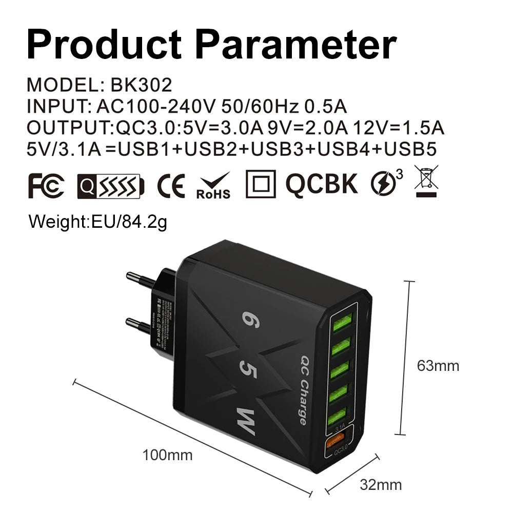 6 Ports USB Charger Fast Charging QC3.0 Travel Charger For I