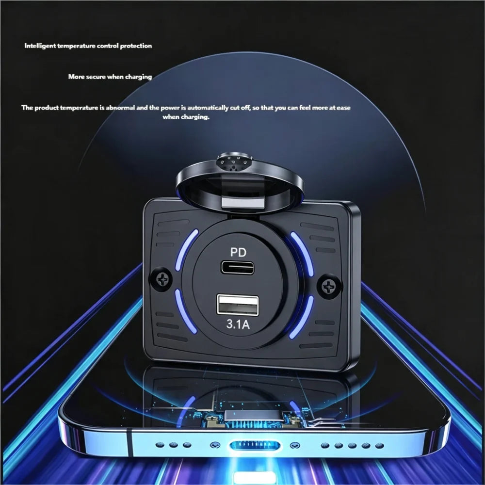 12V-24V PD+USB Car Charger Socket 45W Fast Charge Blue LED I