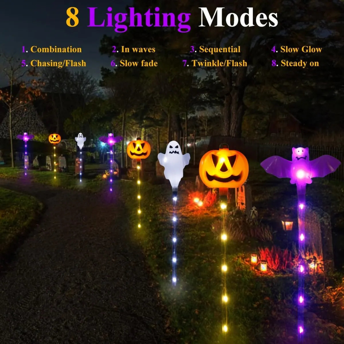 1 Set 6pcs Halloween Solar Pumpkin Ghost Bat Stake Lights Ou